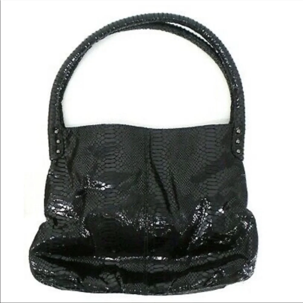 NWOT PERLINA BLACK SNAKESKIN EMBOSSED Hobo Bag w/Bow Sash
